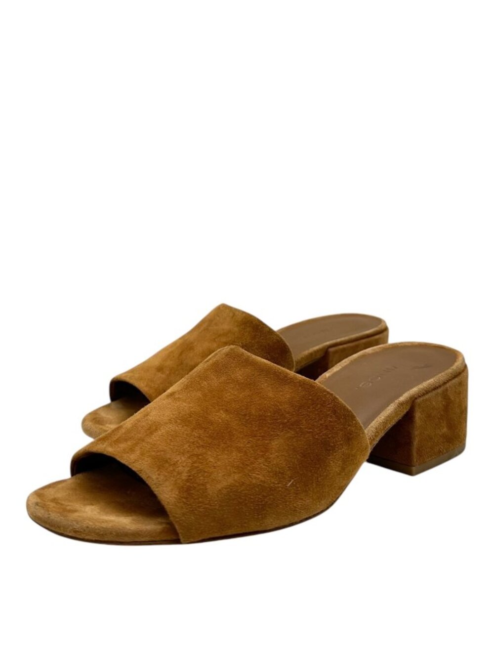 $275 Vince Rachelle 2 Brown Suede Heel Mules 7.5 Quiet Luxury Minimalist Sandal